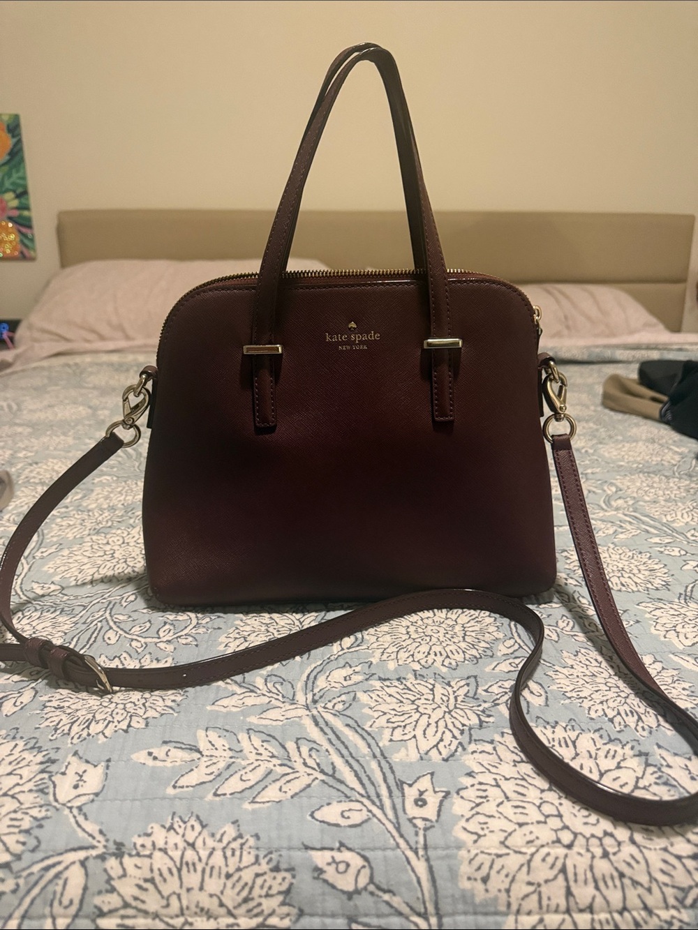 kate spade Maroon Leather Dome Satchel with Detachable Strap